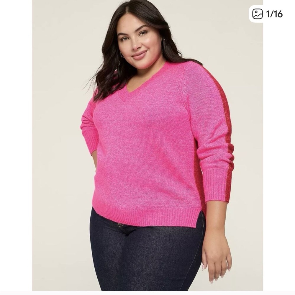 Lane Bryant V-Neck Color-Block Pink Red Knit Sweater Plus Size 18/20